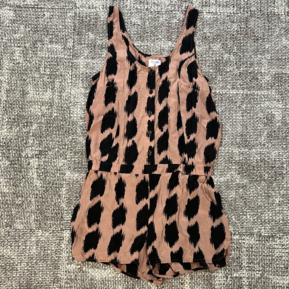 Yellow is Gold by Sunshine & Shadow Stylish Tan and Black Patterned Romper